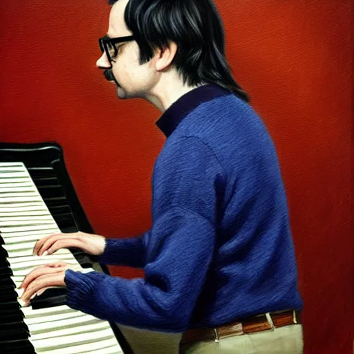 Image similar to An Oil Painting of the back view of Rivers Cuomo in a sweater with long hair and a mustache masterfully playing the piano, hyperrealistic, extremely realistic, highly realistic, HD Quality, 4k resolution, 8k resolution, Detailed, Very Detailed, Highly Detailed, Extremely Detailed, Intricate Details, Real, Very Real, Oil Painting, Digital Painting, Painting, Trending on Deviantart, Trending on Artstation