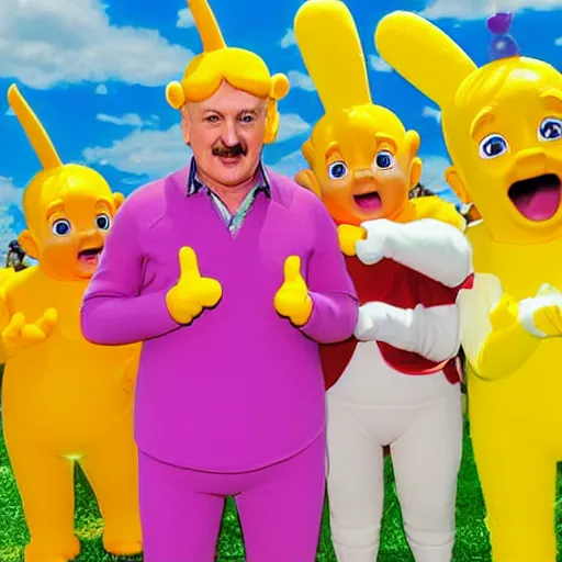 Image similar to happy alexander lukashenko starring in teletubbies