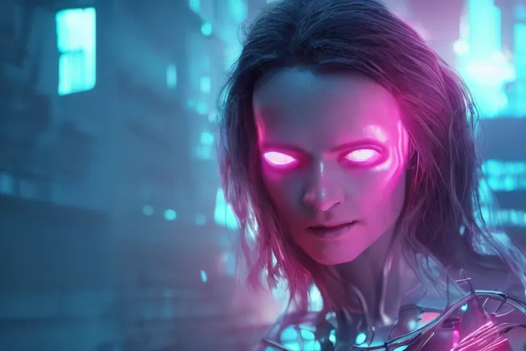 Prompt: vfx film closeup, retrowave necromancer cyberpunk robot woman, atmospheric, flat color profile low - key lighting award winning photography arri alexa cinematography, hyper real photorealistic cinematic, atmospheric cool colorgrade