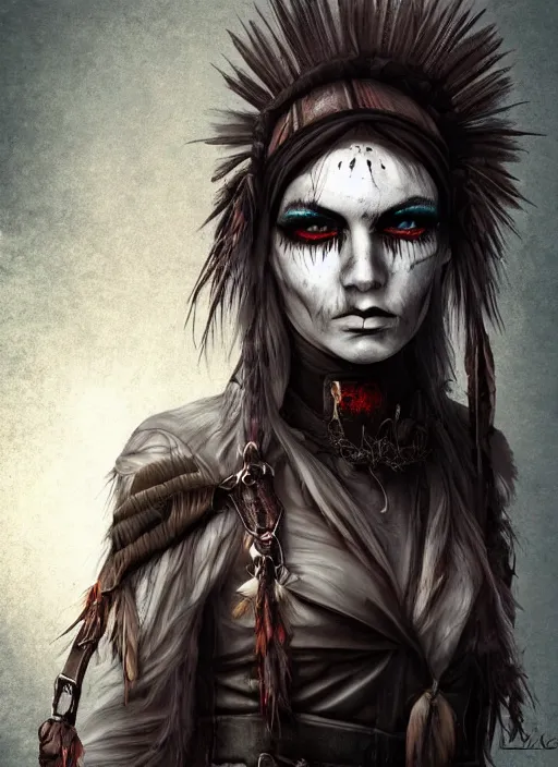 Image similar to digital art of a young woman in dark shamanistic ritual clothing accented by raven feathers, dark makeup, realistic, post apocalyptic, dystopian, high resolution, highly detailed, fallout, raider, 4 k, artstation, dark lighting