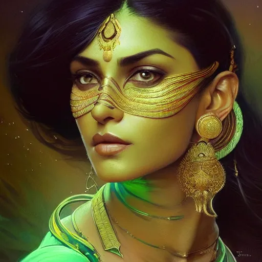 Image similar to Portrait of very very very very very very beautiful Indian woman, spacesuit, green eyes, intricate, elegant, highly detailed, digital painting, artstation, concept art, smooth, sharp focus, illustration, art by artgerm and greg rutkowski and alphonse mucha