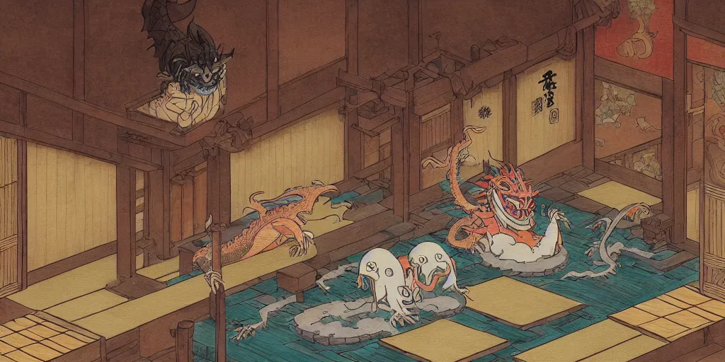 Image similar to an edo - period japanese bath - house filled with wacky characters and spirits. a stunned dragon has crashed through the wooden wall. fantasy art, painting, by studio ghibli, hayao miyazaki, high resolution wallpaper, colorful painting