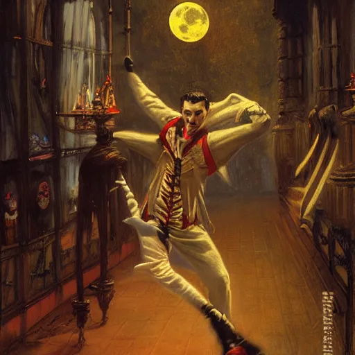 Image similar to attractive male dracula the vampire roller skating in a medieval style roller rink as a full moon shines through a window. highly detailed painting by gaston bussiere, craig mullins, j. c. leyendecker 8 k