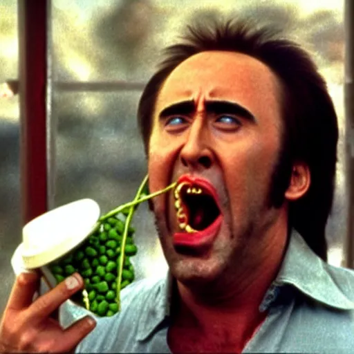 Image similar to nicolas cage screaming with a mouth full of peas, movie still, the wicker man