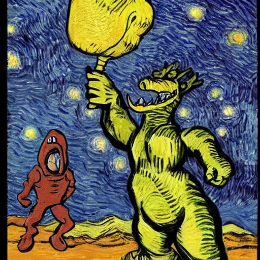 Prompt: pilsberru Doughboy fighting godzilla on Mars with a banana, in the style of van gogh