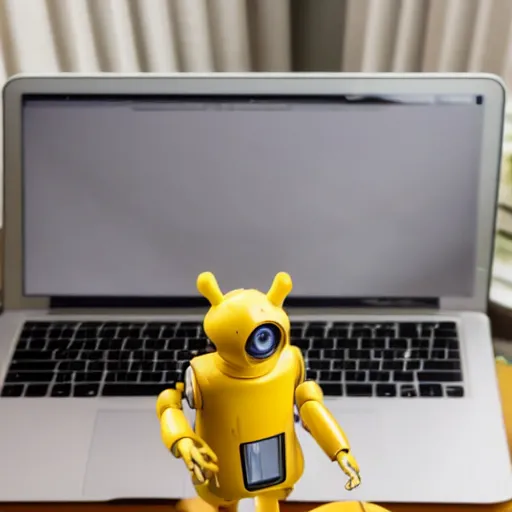 Image similar to a small yellow robot dog standing on a laptop on a desk