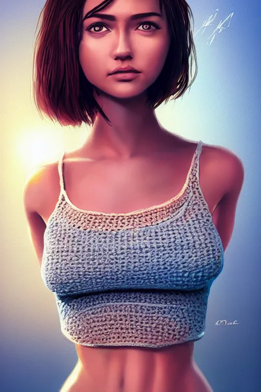 Prompt: Female model with short hair wearing a crocheted croptop, digital painting, small chest, artstation, full body realistic portrait, HD, dramatic lighting, highly detailed,