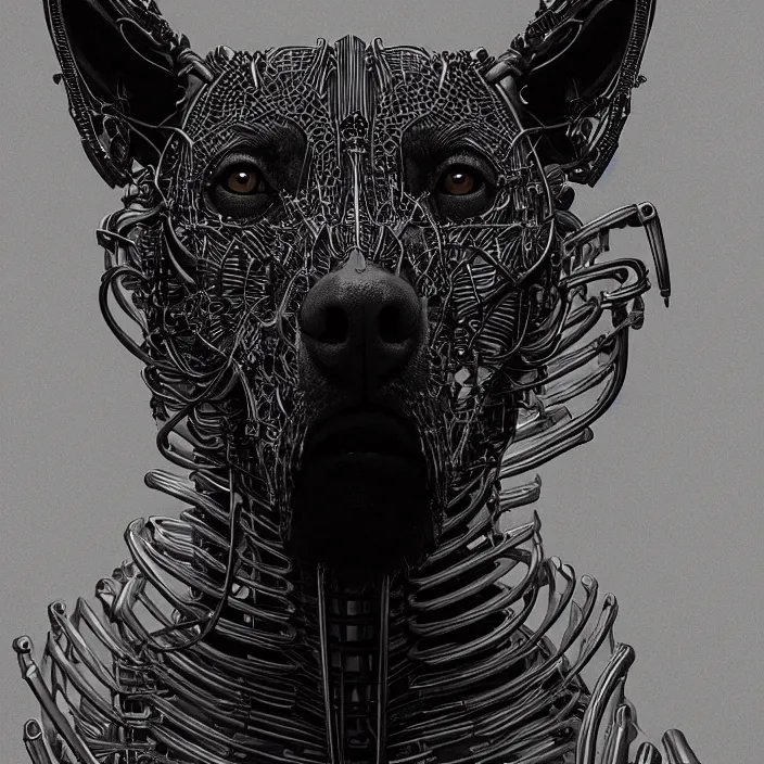 Image similar to portrait of Malinois as skeleton. intricate abstract. intricate artwork. by Tooth Wu, wlop, beeple, dan mumford. octane render, trending on artstation, greg rutkowski, very coherent symmetrical artwork. cinematic, hyper realism, high detail, octane render, 8k, iridescent accents, deep blacks