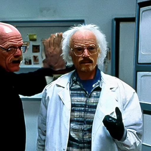 Image similar to still of walter white meeting dr. emmett brown scene, from back to the future ( 1 9 8 2 )