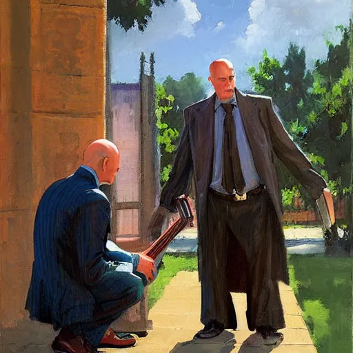 Image similar to a portrait of agent 4 7 from hitman dressed as a gardener playing a guitar in a monestary next to an elderly priest, by gregory manchess, james gurney, james jean