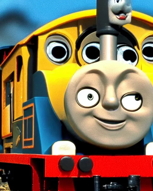 Prompt: Film still close-up shot of Dwayne Johnson as the Thomas the Tank Engine from the movie Thomas and the Magic Railroad. Photographic, photography