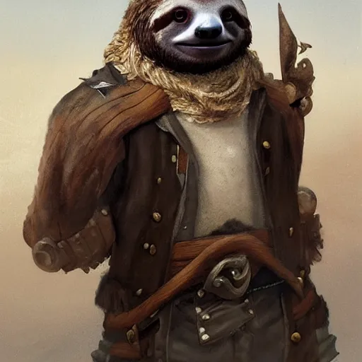 Prompt: Portrait of a Sloth dressed as a Pirate, digital painting, highly detailed, artstation, concept art, smooth, sharp focus, illustration, art by artgerm and greg rutkowski.