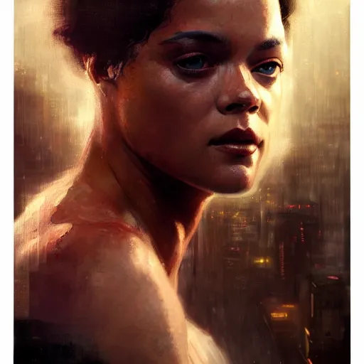 Image similar to tessa thompson, hyperrealistic portrait, bladerunner street, art of elysium by jeremy mann and alphonse mucha, fantasy art, photo realistic, dynamic lighting, artstation, poster, volumetric lighting, very detailed face, 4 k, award winning