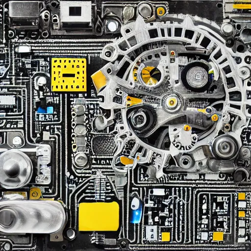 Prompt: i spy photograph with a technology theme. with wires, microchips, circuit boards, computer parts, gears, motors. highly detailed, walter wick