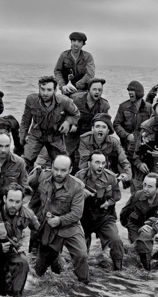 Image similar to charlie day, rob mcelhenney, glenn howerton, kaitlin olson, and danny devito are storming the beaches of normandy, 1 9 4 5, black and white, horrorscape