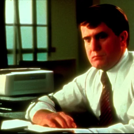 Image similar to clean - shaven chubby white man wearing a shirt and necktie sitting at a desk, 1 9 8 9 movie still, tv scan lines, cinematography, cinematic lighting