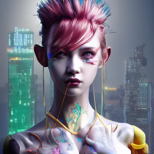 Image similar to the portrait of an absurdly beautiful, graceful, sophisticated, fashionable cyberpunk gravure idol, an ultrafine hyperdetailed illustration by kim jung gi, irakli nadar, hanna moon, leslie zhang intricate linework, bright colors, collage, porcelain skin, unreal engine 5 highly rendered, cgsociety, global illumination, radiant light, detailed and intricate environment