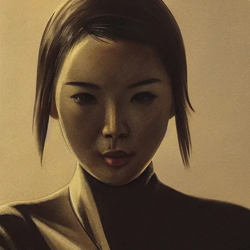 Prompt: detailed face of an asian woman, clockwork, moment, tectonic sky, skydome, bullet train, turbines, utopian, tech noir, wet reflections, prism, atmospheric, ambient, pj crook, syd mead, livia prima, artgerm, greg rutkowski, nick alm, casey baugh