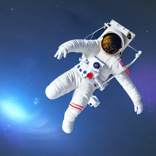 Image similar to 3 d render of an astronaut flying with nothing but space and stars around him,