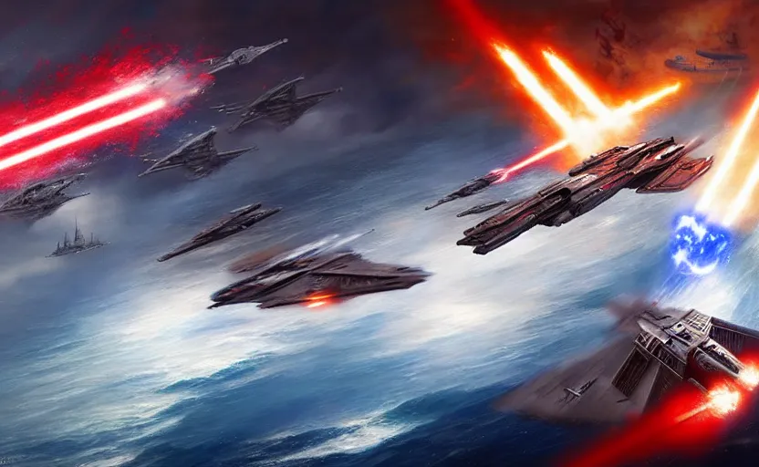 Prompt: epic naval battle, star wars x wing. by artstation trending, by joseph mallord william turner, luis royo, konstantin razumov, cinematic lighting, fractal flame, highly detailed