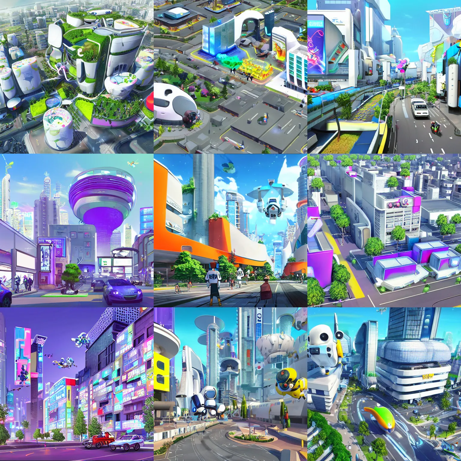 Prompt: a future urban city, white buildings + colorful decorative + led billboards + brand logo, cute future vehicles, cute spacecraft flying in the air, cute pokemon walking on the street, cute scene, huge universe, alien planet in the sky faraway, sports center faraway, dokev, ratchet & clank, overwatch, splatoon 3