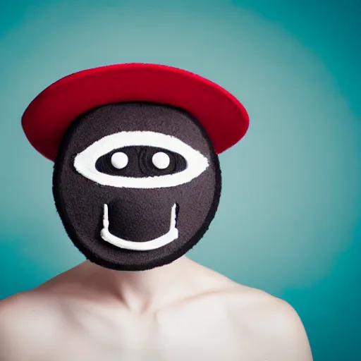 Image similar to alive hat with face eyes mouth and teeth on head, funny professional photo