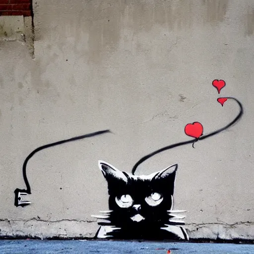 Image similar to a cat trying to catch a balloon on concrete, by banksy