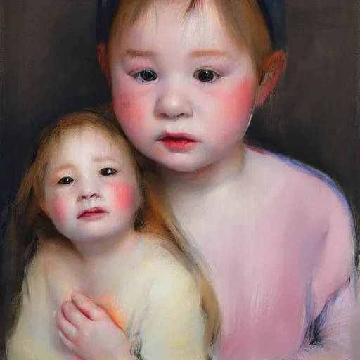 Prompt: pure love is patient love is kind ; photorealistic oil painting by mary cassatt ; highly detailed cute faces by wlop ; trending on artstation ; 8 k high resolution, symmetrical, cinematic, high coherence, golden ratio, rule of thirds, perfectly centered ; anatomically correct faces
