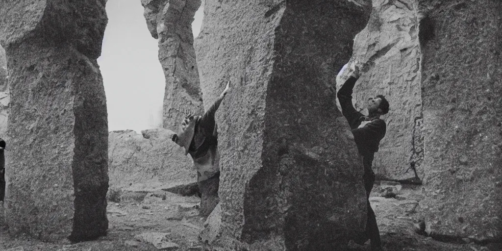 Image similar to creepy photo of dottore dancing around a stone monolith in a barn, 70mm film, old film, found film, scary, ominous, disturbing