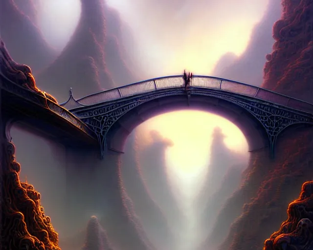 Prompt: street view of a bridge being held up by two handsl, fantasy landscape made of fractals facing each other, ultra realistic, wide angle, intricate details, the fifth element artifacts, highly detailed by peter mohrbacher, hajime sorayama, wayne barlowe, boris vallejo, aaron horkey, gaston bussiere, craig mullins