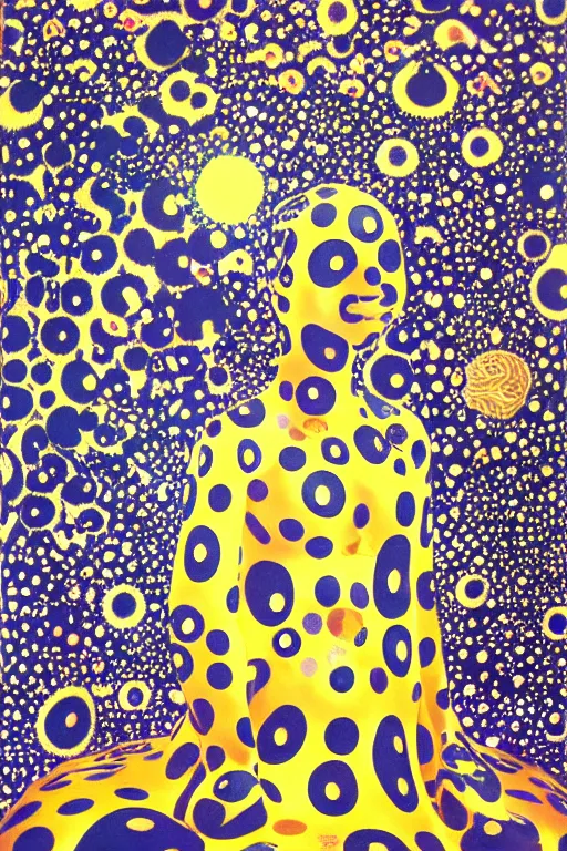 Image similar to yoshitaka amano, yayoi kusama, ethereal being woman in galaxy