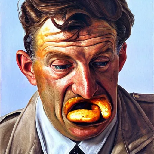 Image similar to high quality high detail painting by lucian freud, hd, portrait of a cop eating a donut, photorealistic lighting