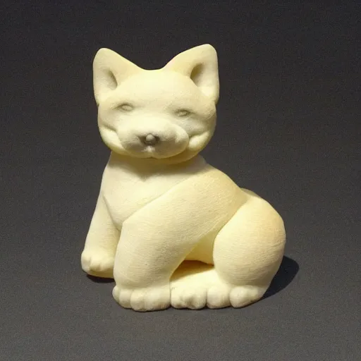 Prompt: a very beautiful intricately shaped organic sculpture carved from steamed buns depicting a shiba inu. studio lighting, high resolution, high quality, dark background