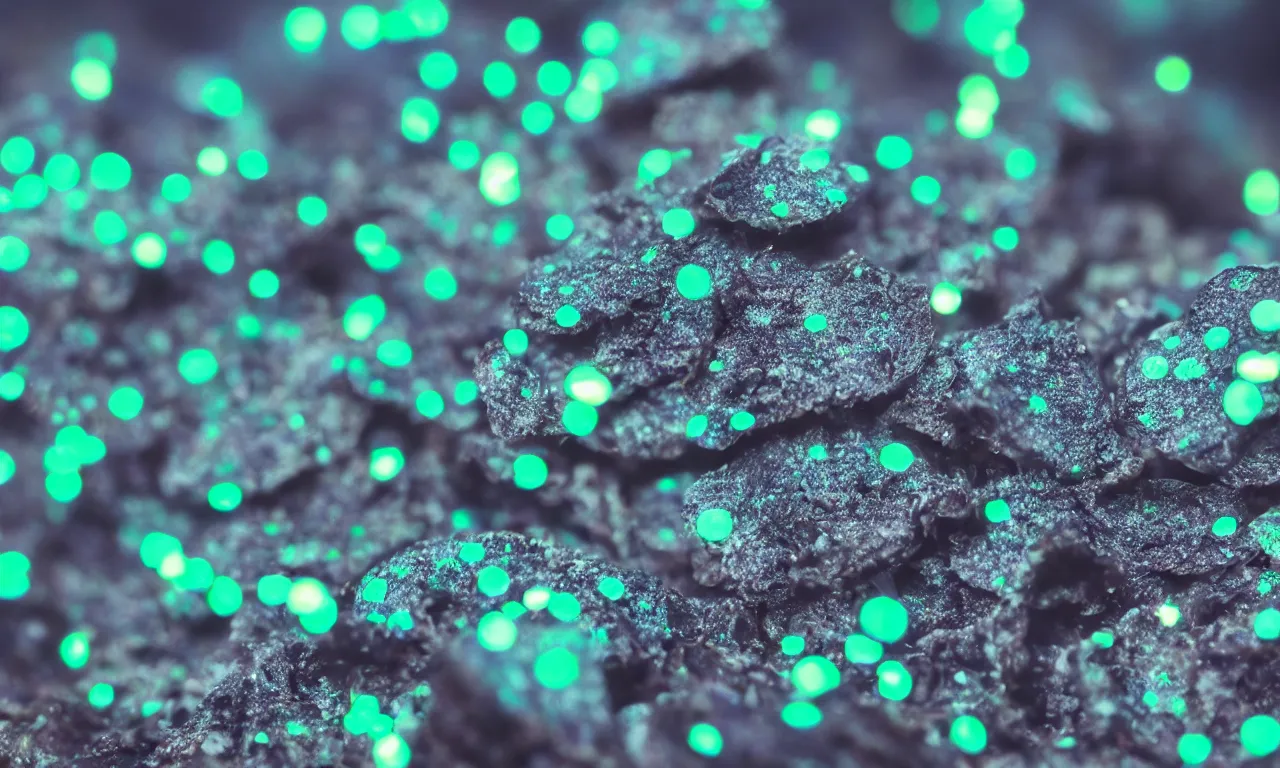 Image similar to a macro shot of bioluminescent mushrooms, dof, 4k, bokeh, acid pixie