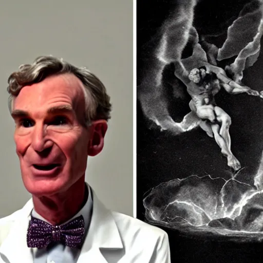 Image similar to bill nye the science guy launching a nuclear bomb, by michelangelo but as photography, looking enlightened, 4k, photography, detailed, detailed face, sharp, cinematic lighting