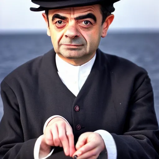 Prompt: a very serious amish rowan atkinson