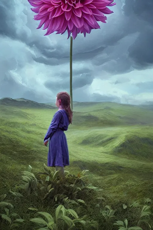 Image similar to closeup perspective, giant dahlia flower as head, girl standing on mountain, surreal photography, blue storm clouds, dramatic light, impressionist painting, digital painting, artstation, simon stalenhag