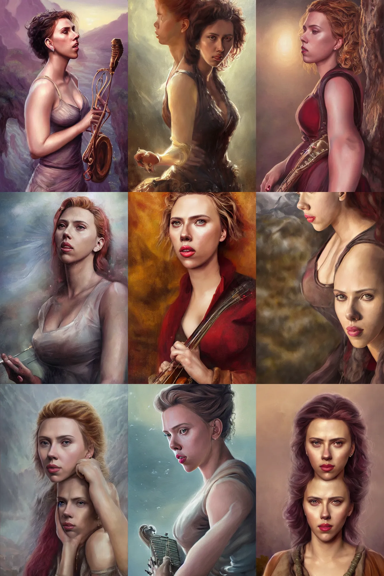 Image similar to a full body high detail fantasy portrait oil painting illustration of scarlett johansson as a beautiful sophisticated singing bard woman by justin sweet with face and body clearly visible, in a scenic background, pupils visible, realistic proportions, d & d, rpg, forgotten realms, artstation trending, high quality, sombre mood, artstation trending, muted colours, entire person visible!