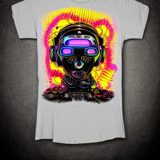 Image similar to black tshirt with a hyperdetailed portrait of a trippy diesel punk robot, 8 k, symetrical, flourescent colors, halluzinogenic, multicolored,