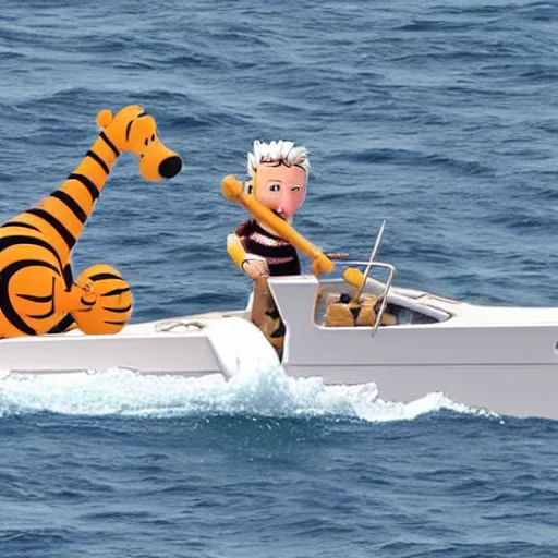 Prompt: calvin and hobbes sailing thier yacht