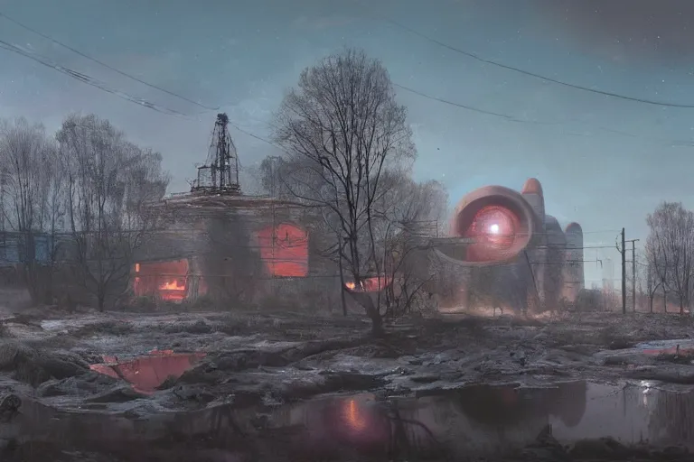 Prompt: a beautiful matte painting of a alien spaceship over the old soviet village simon stalenhag, countryside, slavic and alan bean, trending on artstation, realistic rendering