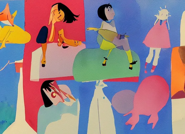 Image similar to studies of the protagonist by masaaki yuasa, pleasing palette watercolor and mixed media shape design