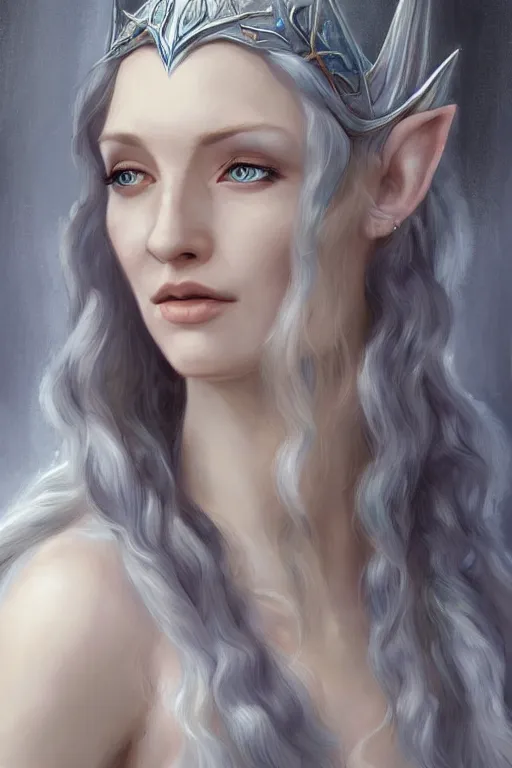 Prompt: portrait, headshot, digital painting, of elven queen Galadriel, beautiful, tall, white dress, fair curly hair, blue eyes, realistic, hyperdetailed, chiaroscuro, concept art, art by Waterhouse