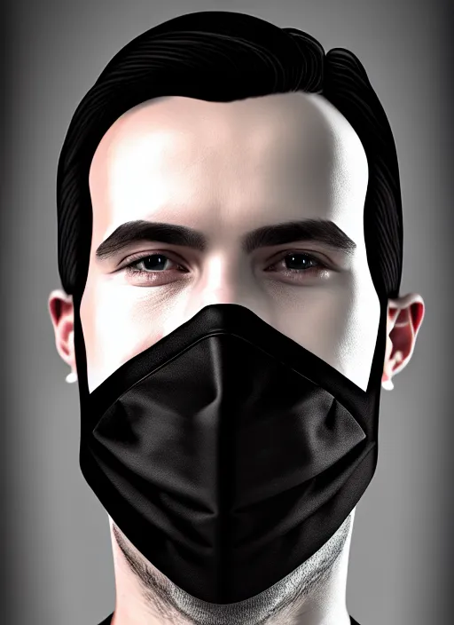 Prompt: handsome young man with black medical mask, half body shot, path traced, highly detailed, high quality, digital painting, by daniel sprick