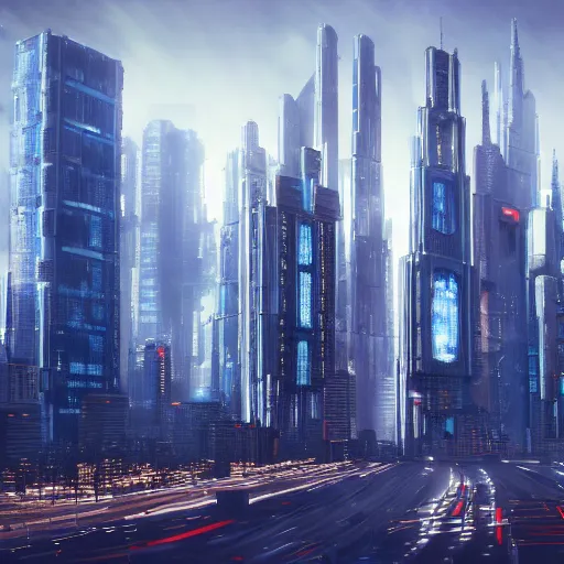 Image similar to photorealistic painting of a futuristic city by Alfredo Jaar, high traffic, tall towers, stars in the sky, octane render, 8k, highly detailed, trending on artstation, cyberpunk