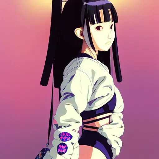 Image similar to a beautiful japanese natalie portman gravure model, wearing oversized native designer bomber jacket and leotard, bulky poofy bomber jacket with mesoamerican patterns, mesoamerican native street fashion, gapmoe yandere grimdark, trending on pixiv fanbox, painted by greg rutkowski makoto shinkai takashi takeuchi studio ghibli, akihiko yoshida