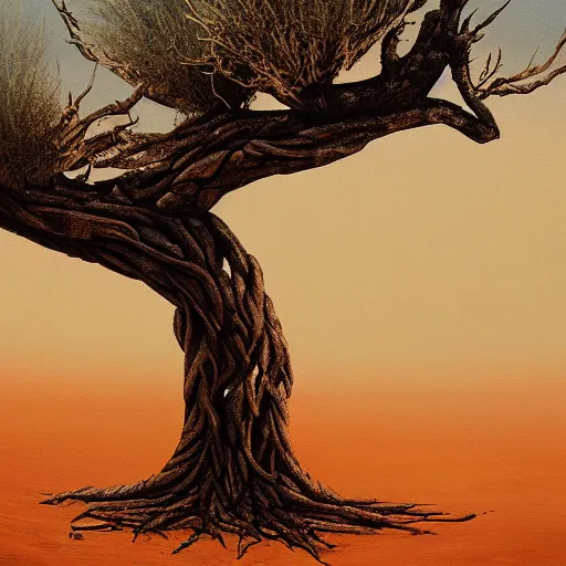 Prompt: a painting of a tree in the desert, an airbrush painting by breyten breytenbach, cgsociety, neo - primitivism, airbrush art, dystopian art, apocalypse landscape