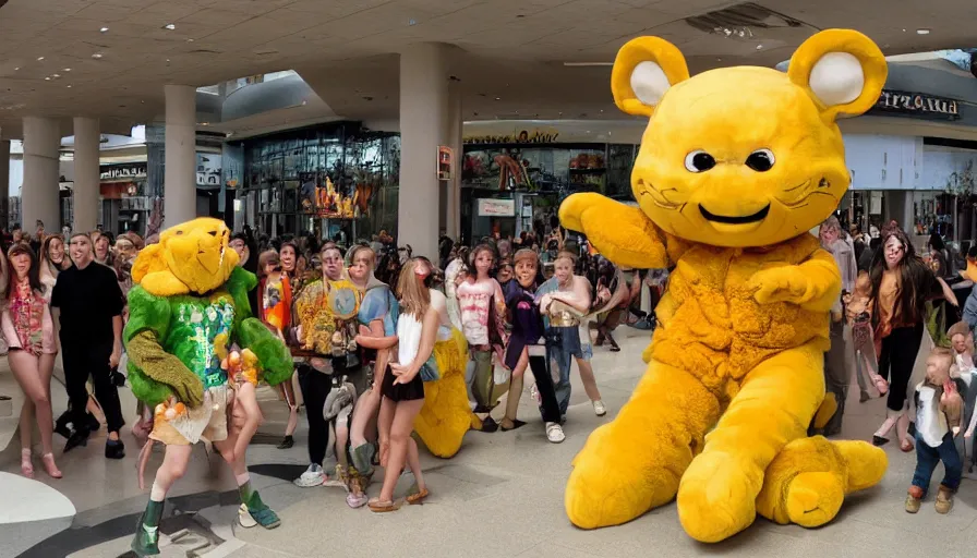 Image similar to 1990s candid photo of a beautiful day at the mall, cinematic lighting, cinematic look, golden hour, large nature costumed mascot people giving presentations to families, Enormous personified nature people with outstandingly happy faces coming out of a portal and talking to families, UHD