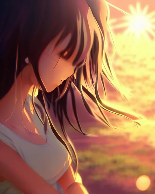 Image similar to anime style, vivid, expressive, full body, 4 k, a cute girl with white skin and long wavy hair humming a song, stunning, realistic light and shadow effects, centered, simple background, studio ghibly makoto shinkai yuji yamaguchi