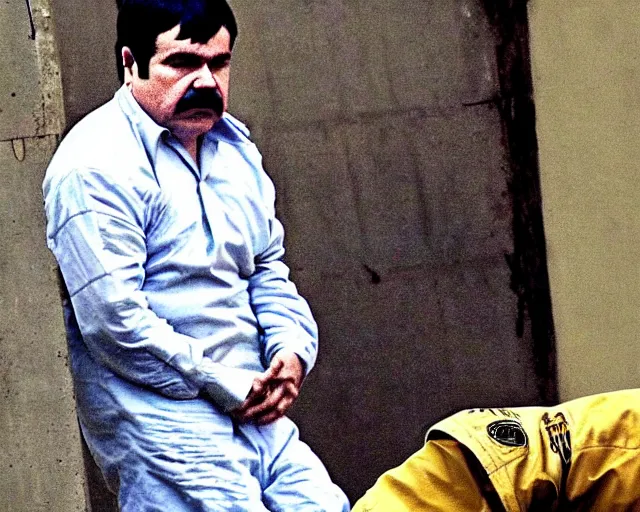 Image similar to el chapo floating down from heaven in deep meditation. el chapo meditates in the lotus position. exploding out of prison. prison on fire. explosions.
